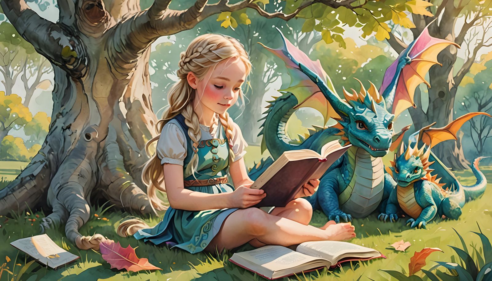 Enchanting Girl Reading with Dragons: Watercolour Illustrati...