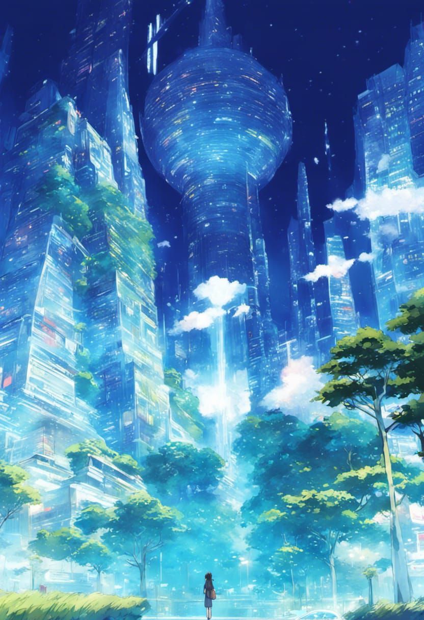 Androids in Futuristic City: Anime Key Visual