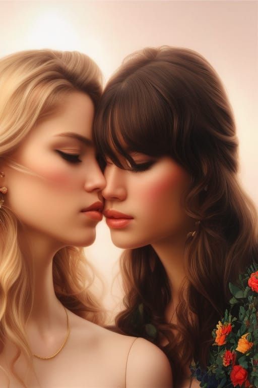 Lesbian Lovers Kissing in Rainbow Light