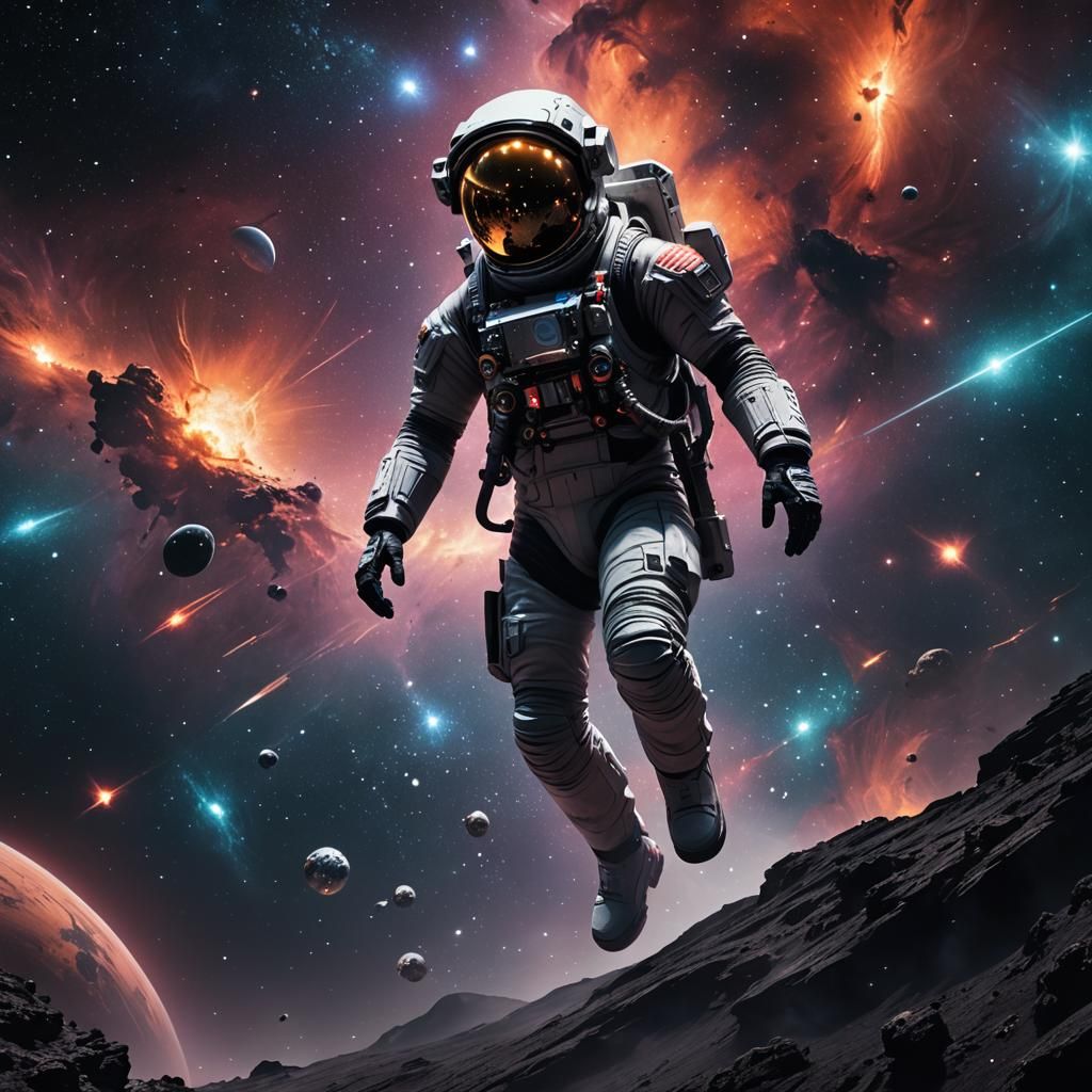 Astronaut in Spacesuit Flying Through Space