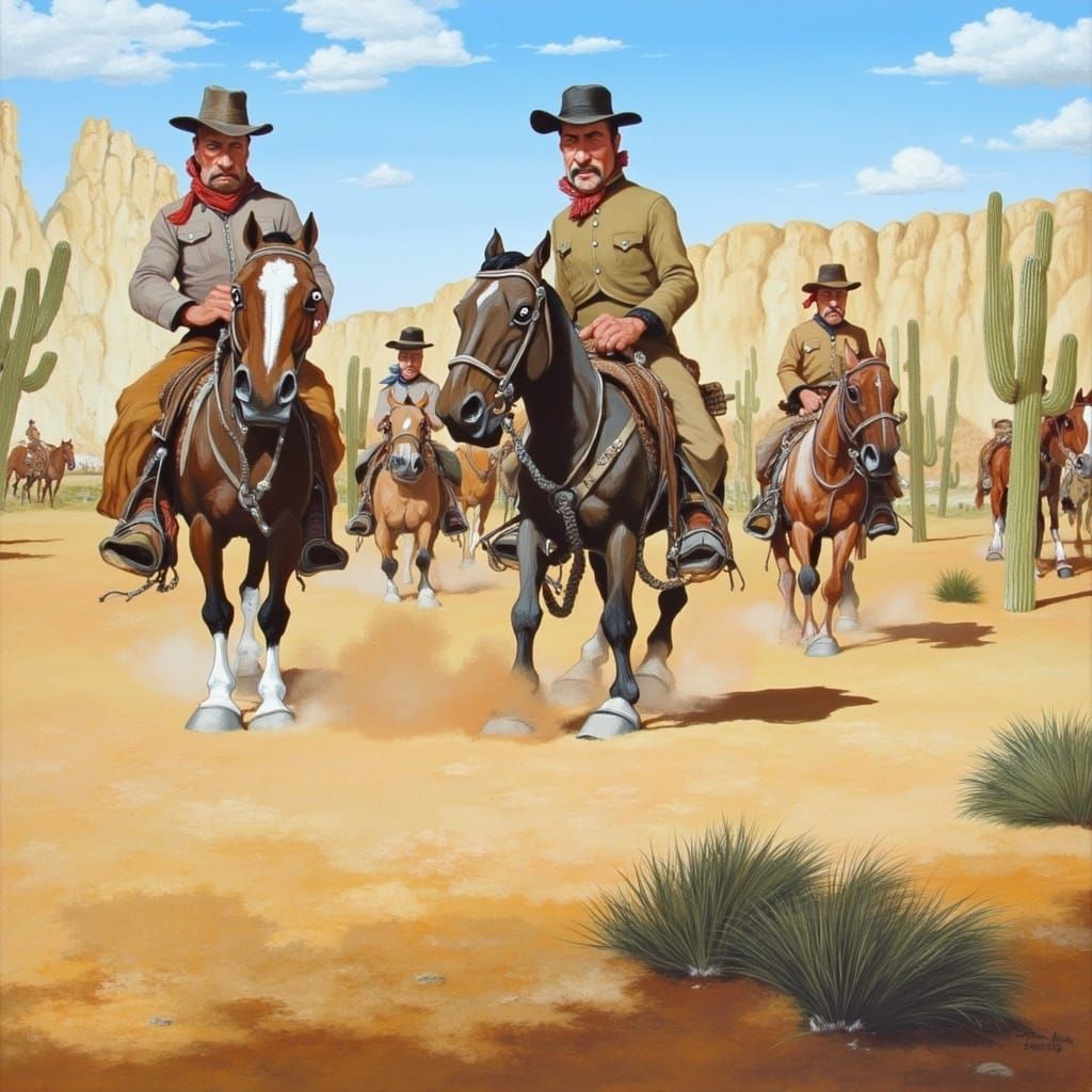 Mexican Outlaws Ride Through Arid Desert Landscape