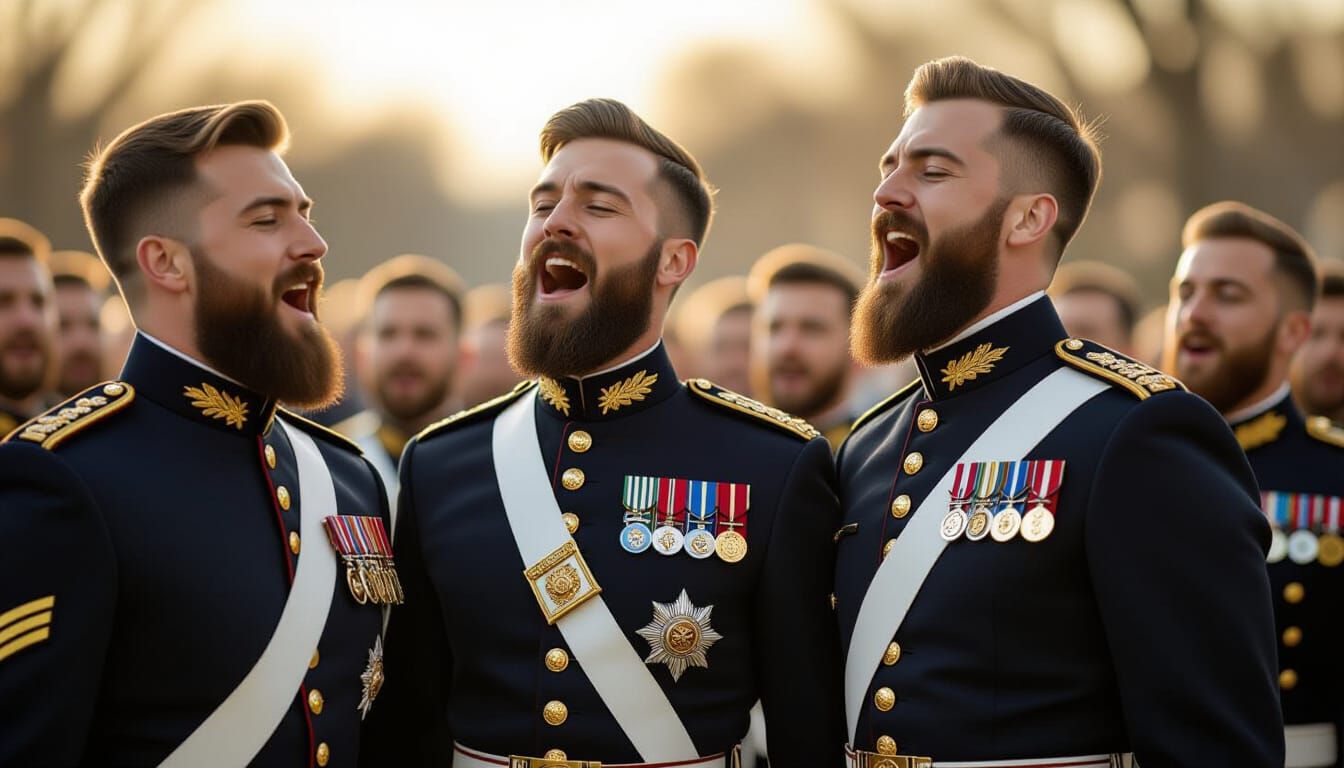Gentlemen Officers Singing with Honor in Ornate Uniforms