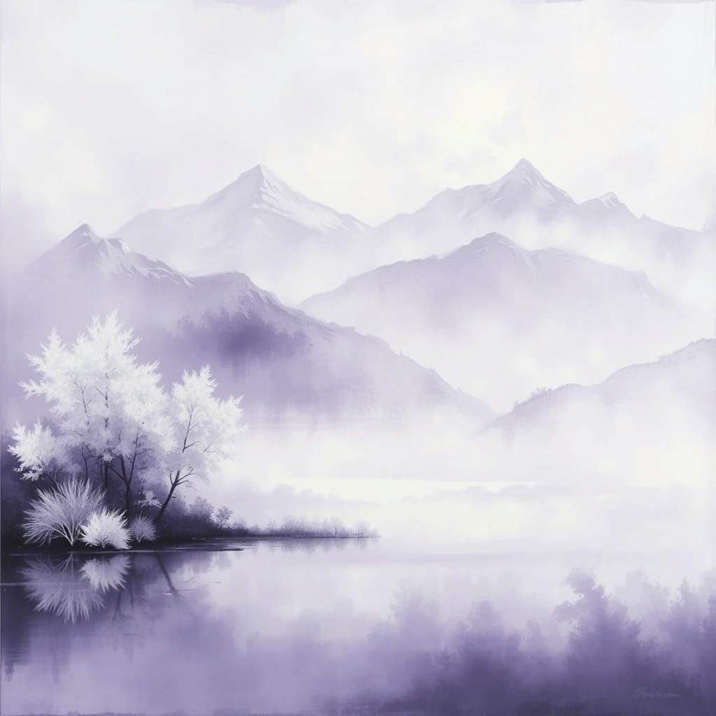 Soft Impressionist Landscape with Misty Mountains and Serene...