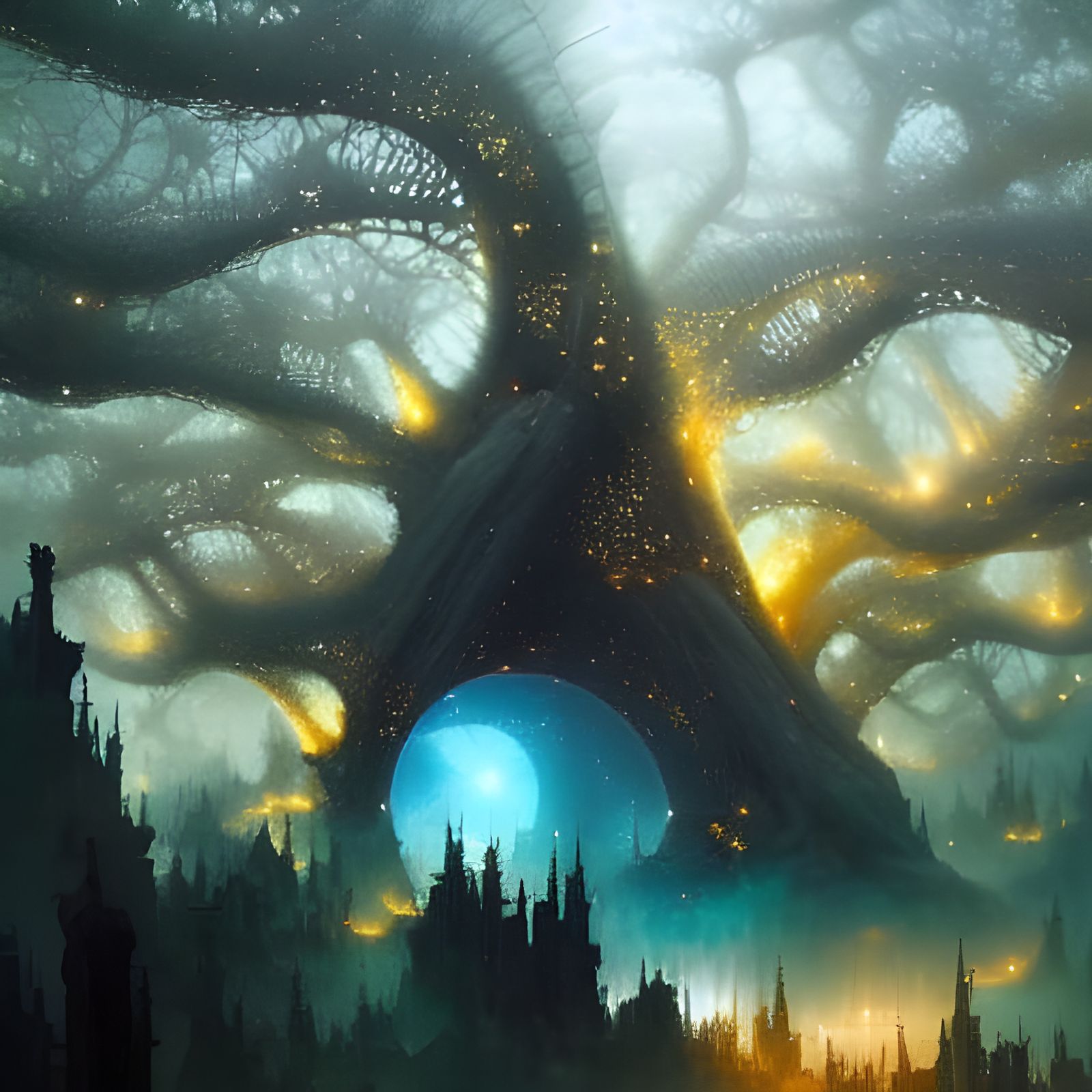 Evolved Crows in Fractal Forest: Surreal Painting