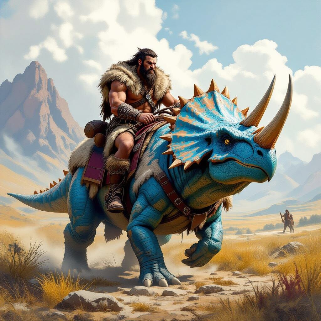 Stone Age Warrior on Triceratops in Prehistoric Landscape