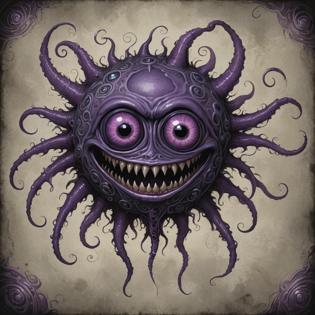 A captivating dark fantasy illustration featuring a humorous, floating Suezo creature with a unique resemblance to a Beh...