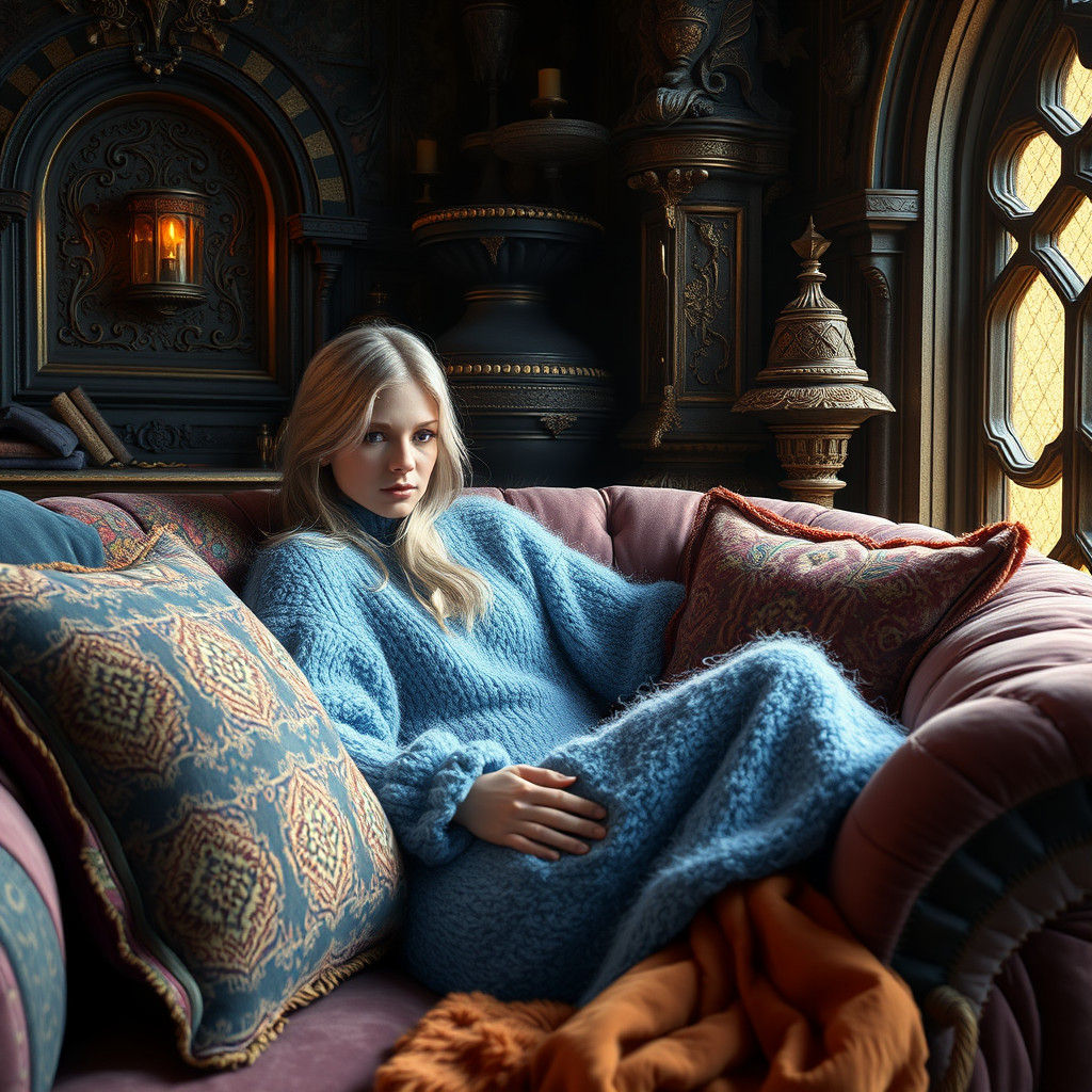 Cozy Woman in Blue Sweater on Velvet Couch