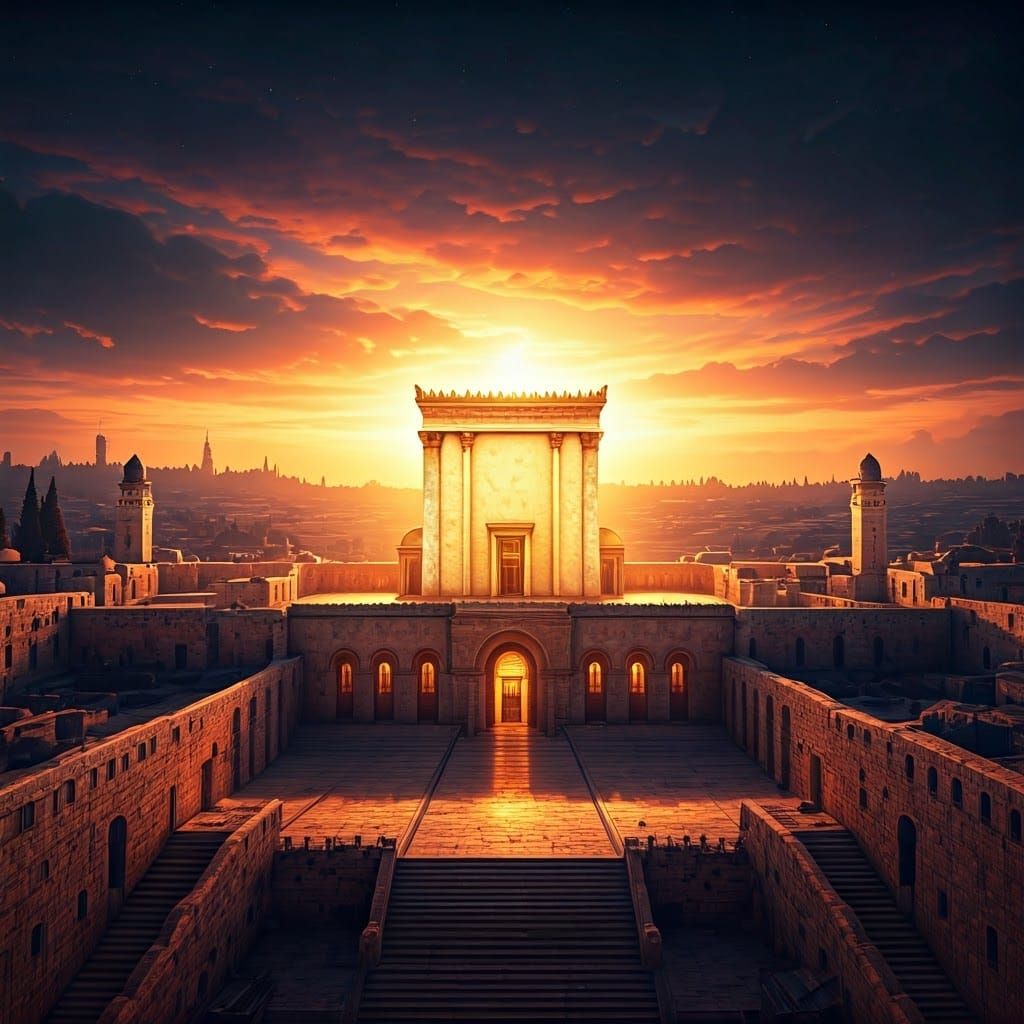 Ethereal Temple Radiates Golden Light Amidst Vibrant Sunset