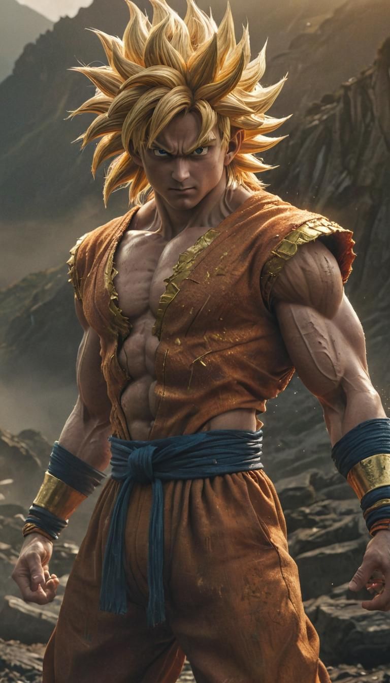 Goku Super Saiyan Golden Aura in Misty Mountains