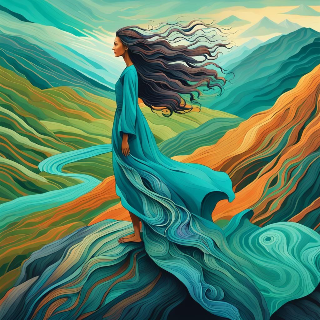 Woman on Mountain in Surreal Landscape Art