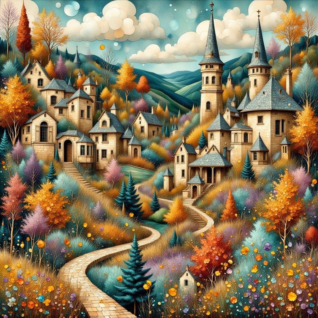 Enchanting Village with Colorful Trees in Folk Art Style