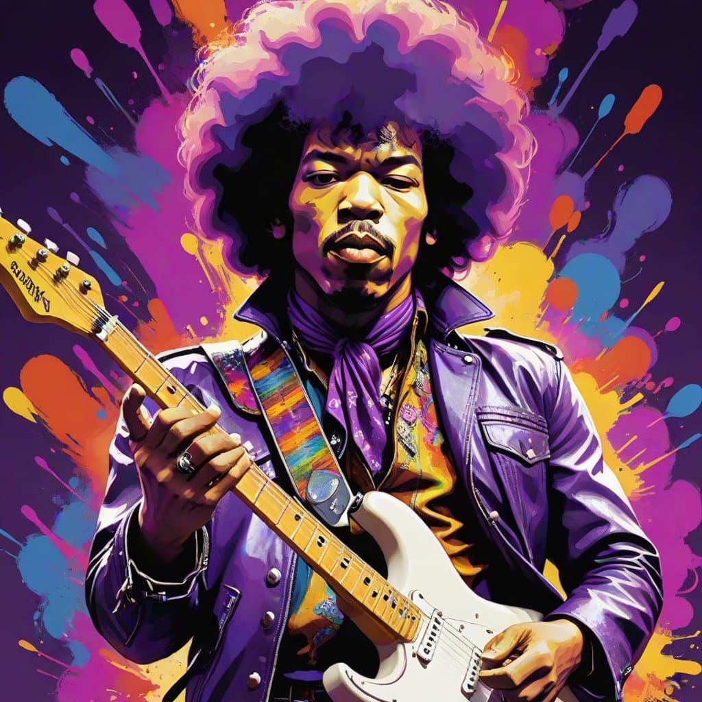 Jimi Hendrix Cartoon Caricature with Purple Guitar