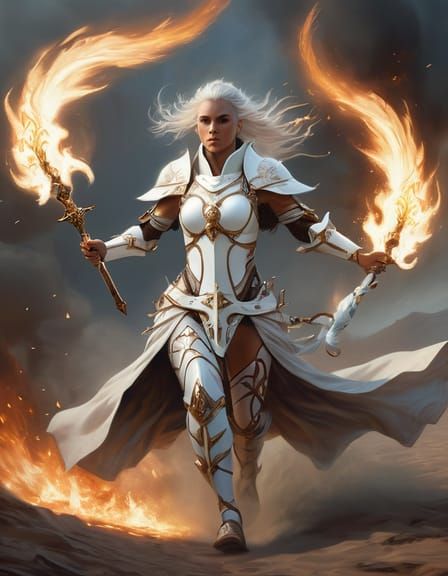 Female Battle Cleric in White Flames, Dark Fantasy