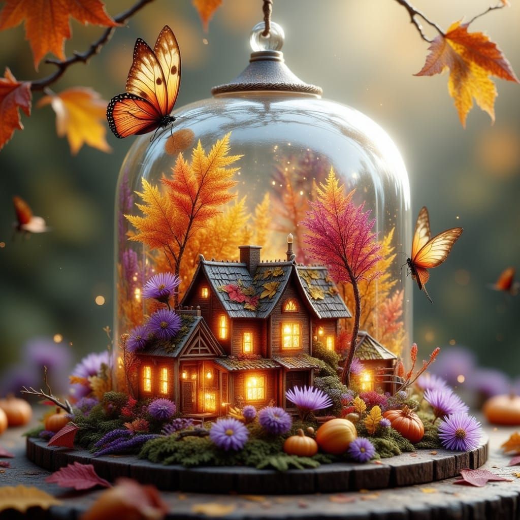 Fairy Lantern Autumn Wonderland in Hyperrealistic Watercolor...