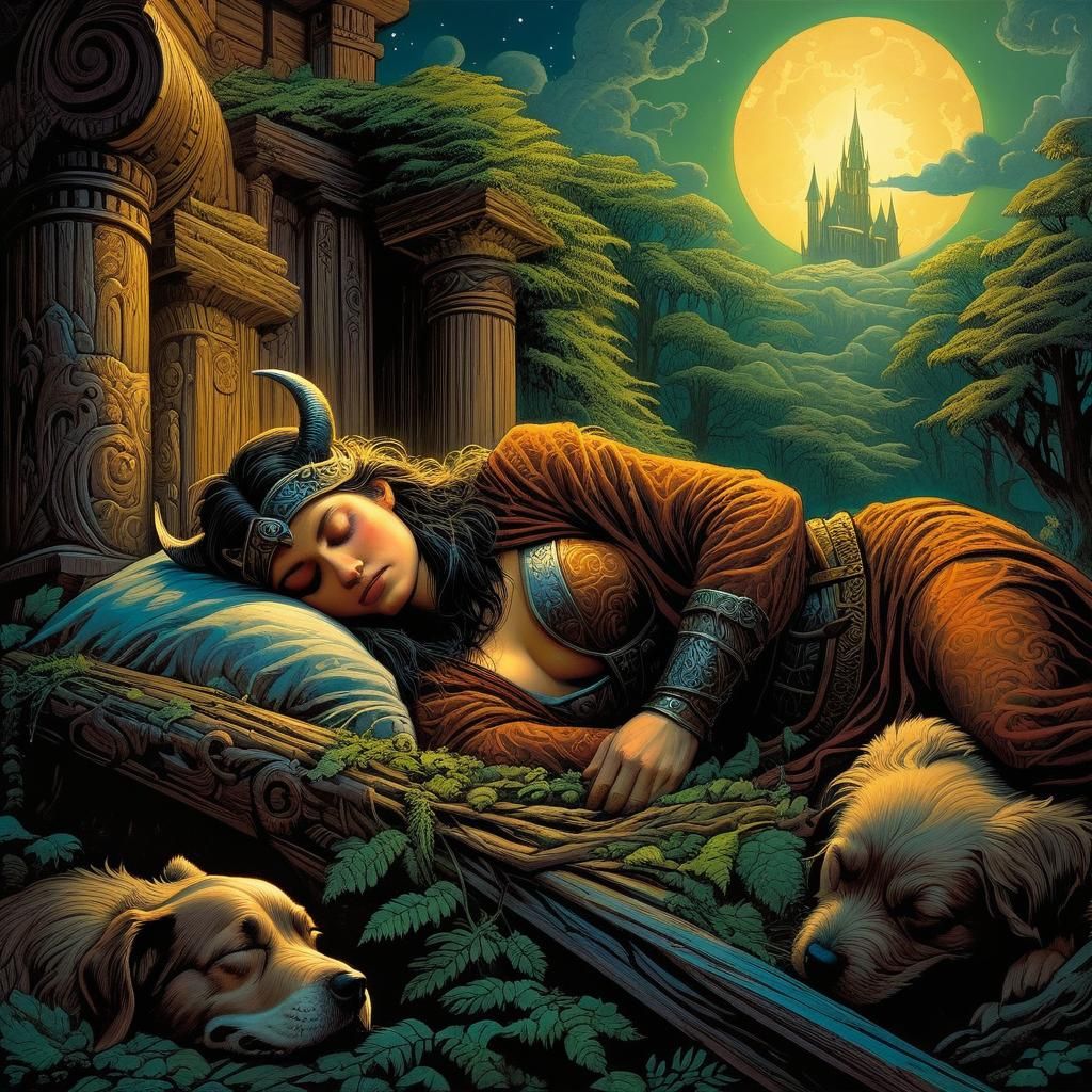 Viking Woman and Dog in Fantasy Forest