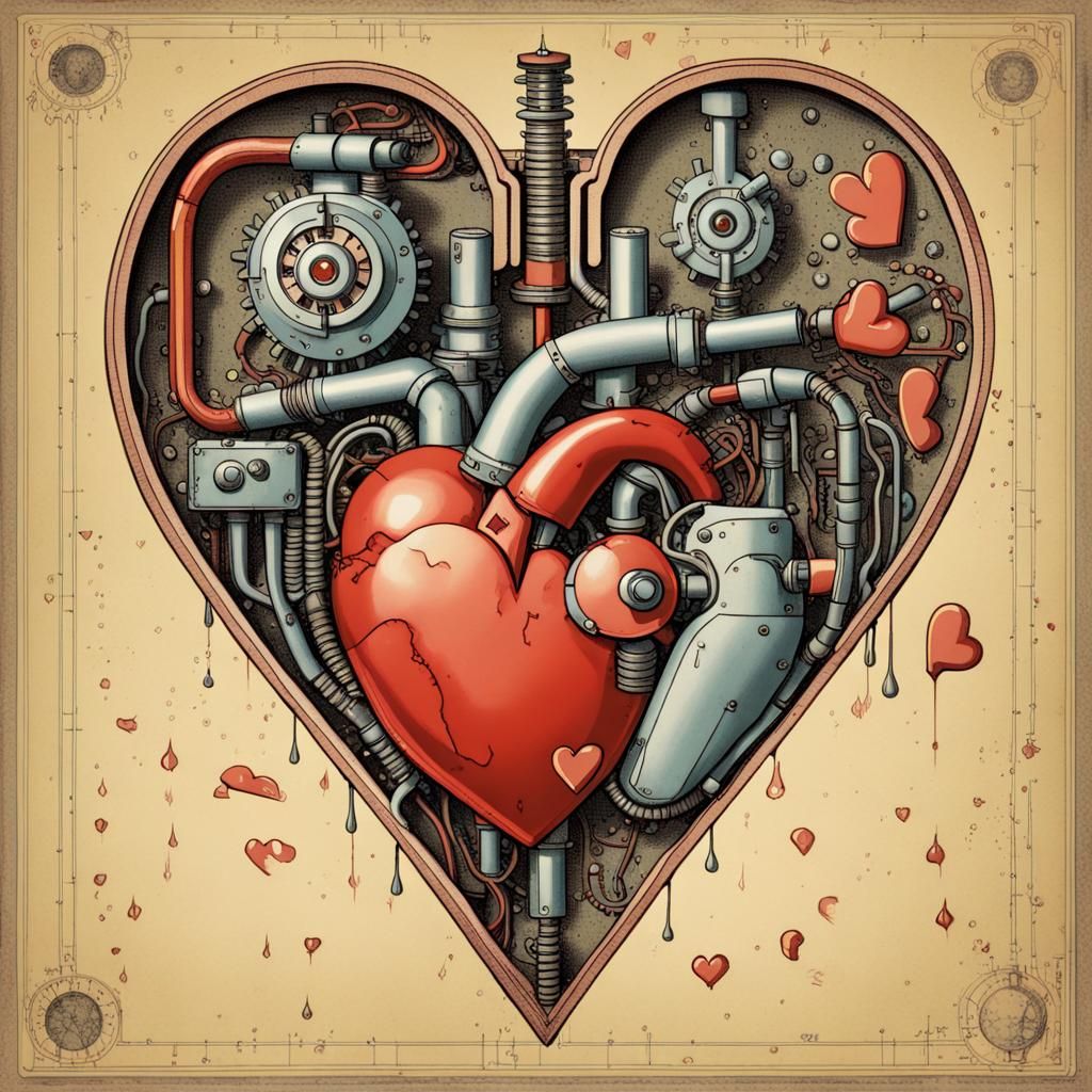 Broken Robotic Heart in Digital Watercolour Illustration