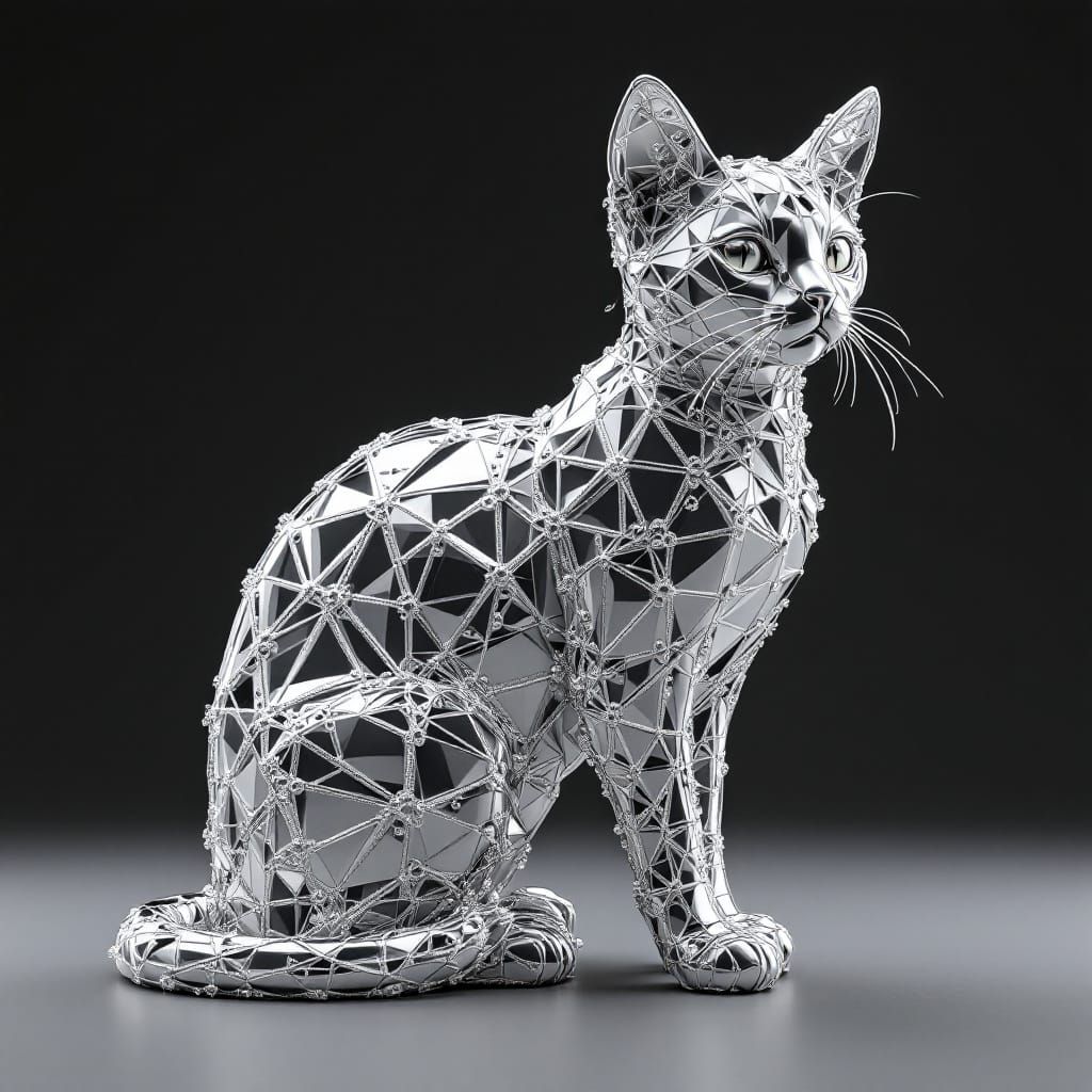 Hyperrealistic Silver Cat Sculpture with Rococo Designs