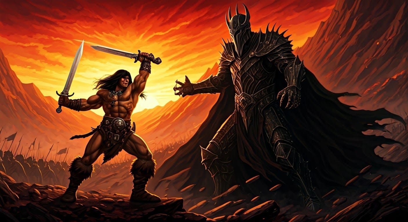 Conan the Destroyer attacking The Dark Lord Sauron on a Midd...