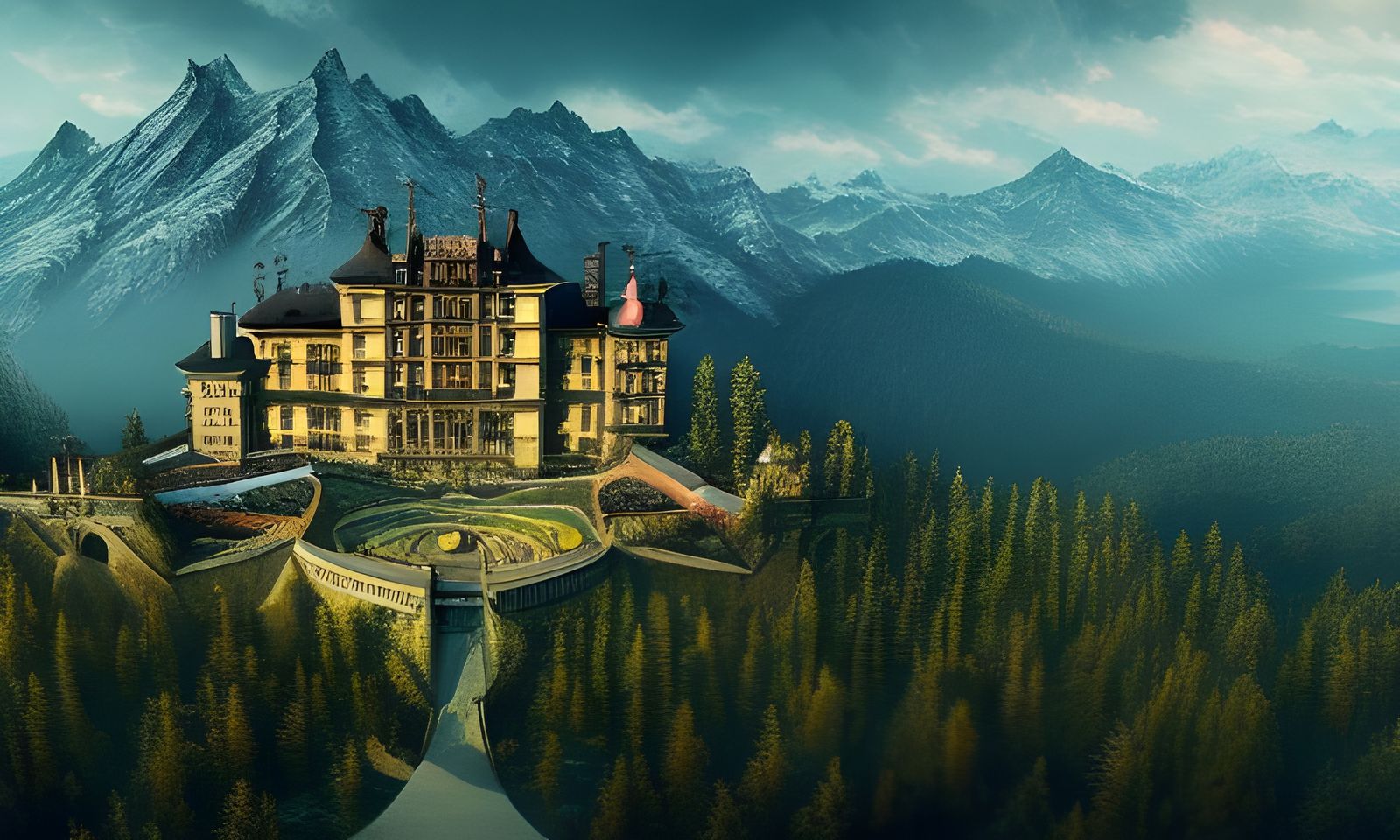 Alpine Chateau Aerial View in Digital Illustration
