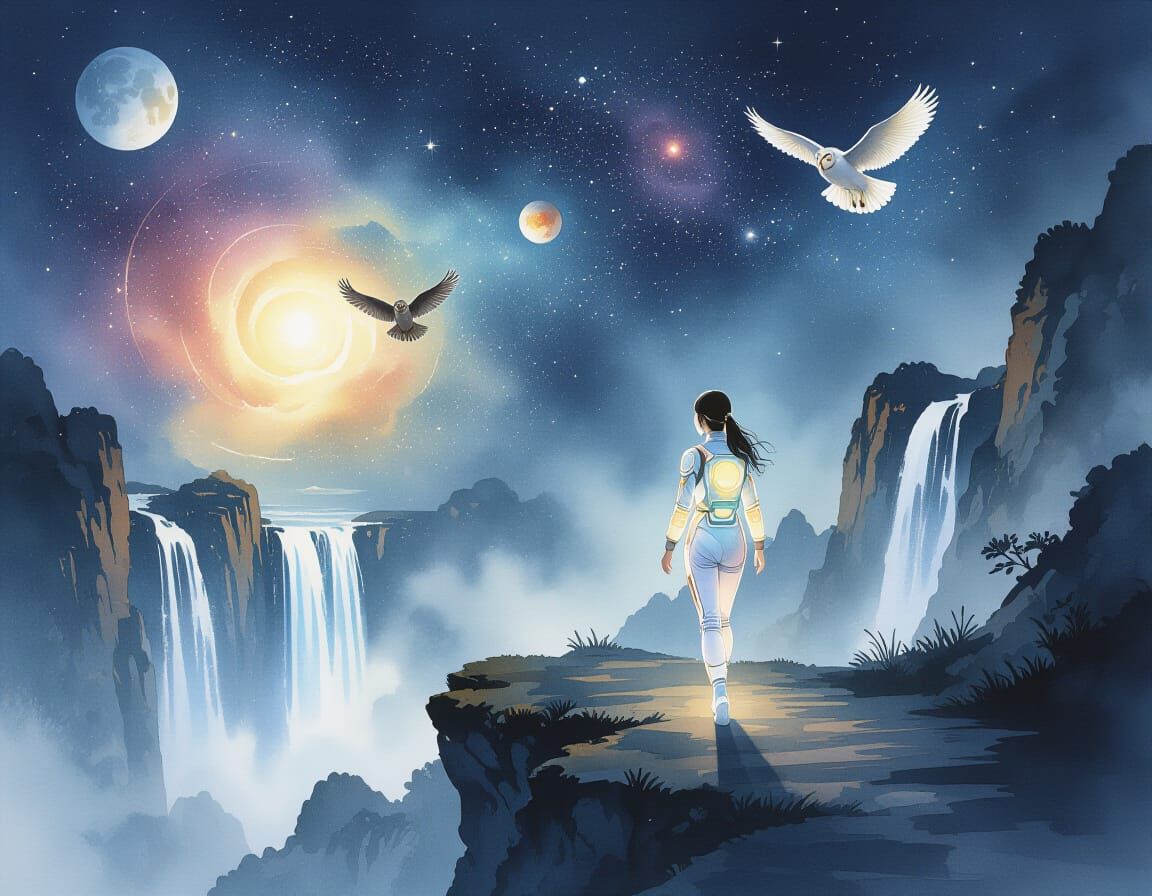 Woman on Cliffside Path in Chinese Ink Painting