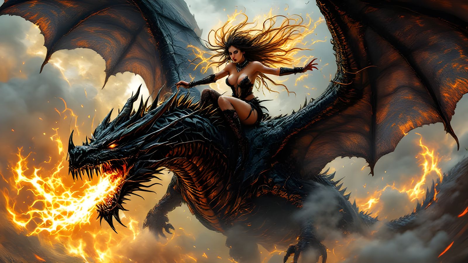 Gothic Fairy Rides Shadow Dragon with Fire Whip