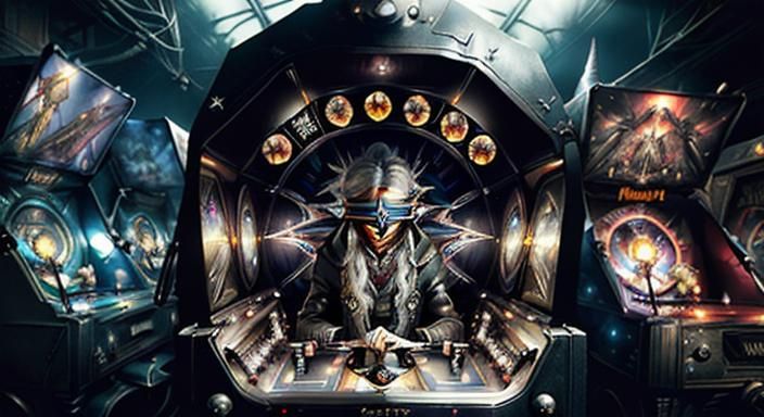 Futuristic Wizard Plays Pinball in Surreal Sci-Fi Style