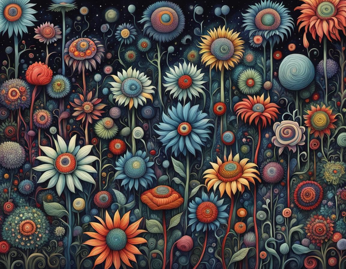 Intricate Abstract Flowers in Dystopian Tim Burton Style