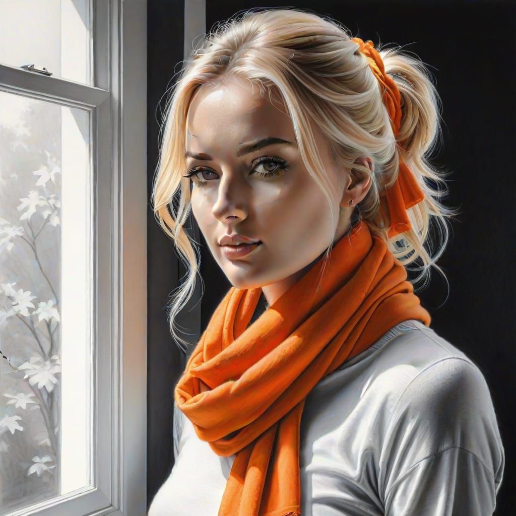 Girl at Window with Orange Scarf in Charcoal
