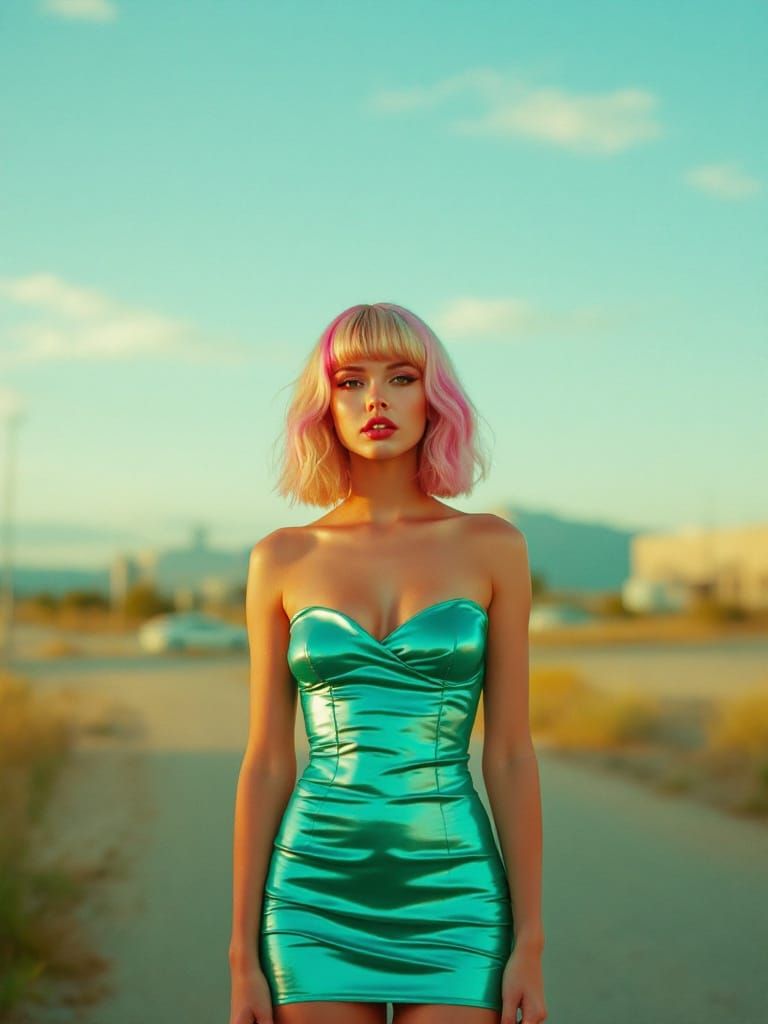 Pin-Up Woman in Metallic Dress, 1970s Film Style