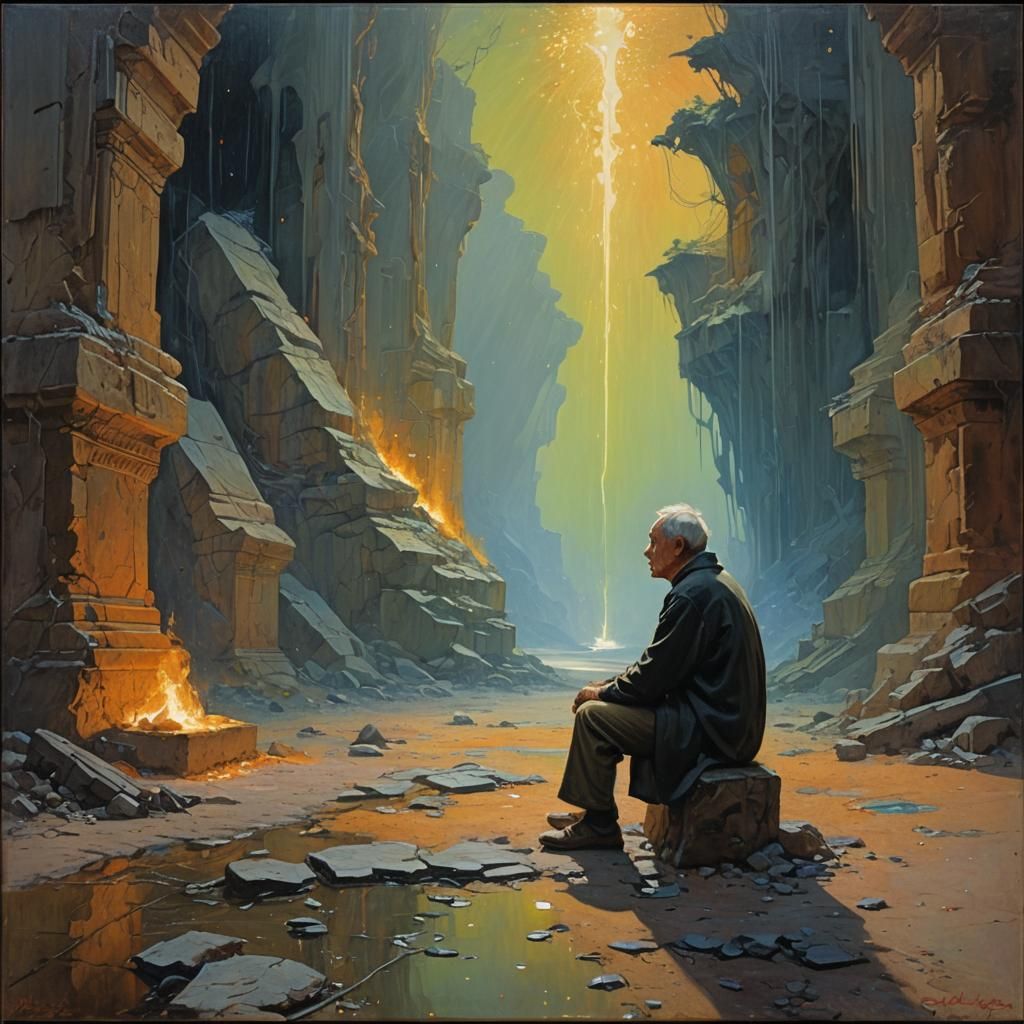 Meditative Figure Surrounded by Luminous Memories