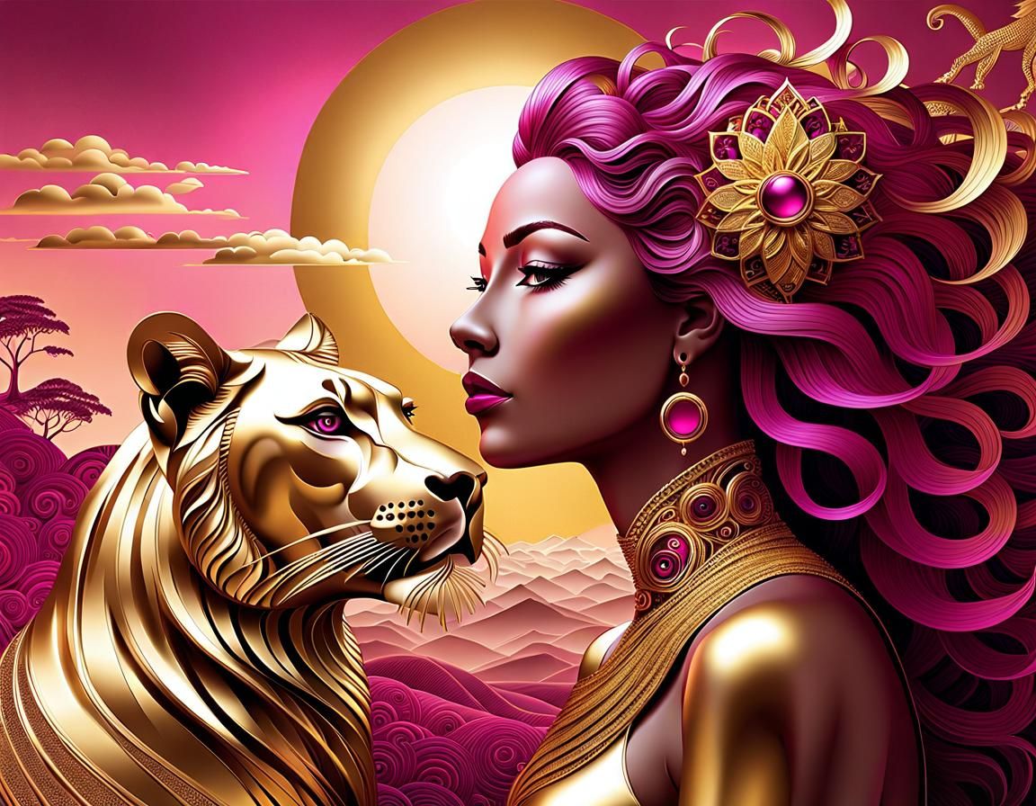 Woman and Lion in Gold and Magenta Art Brut