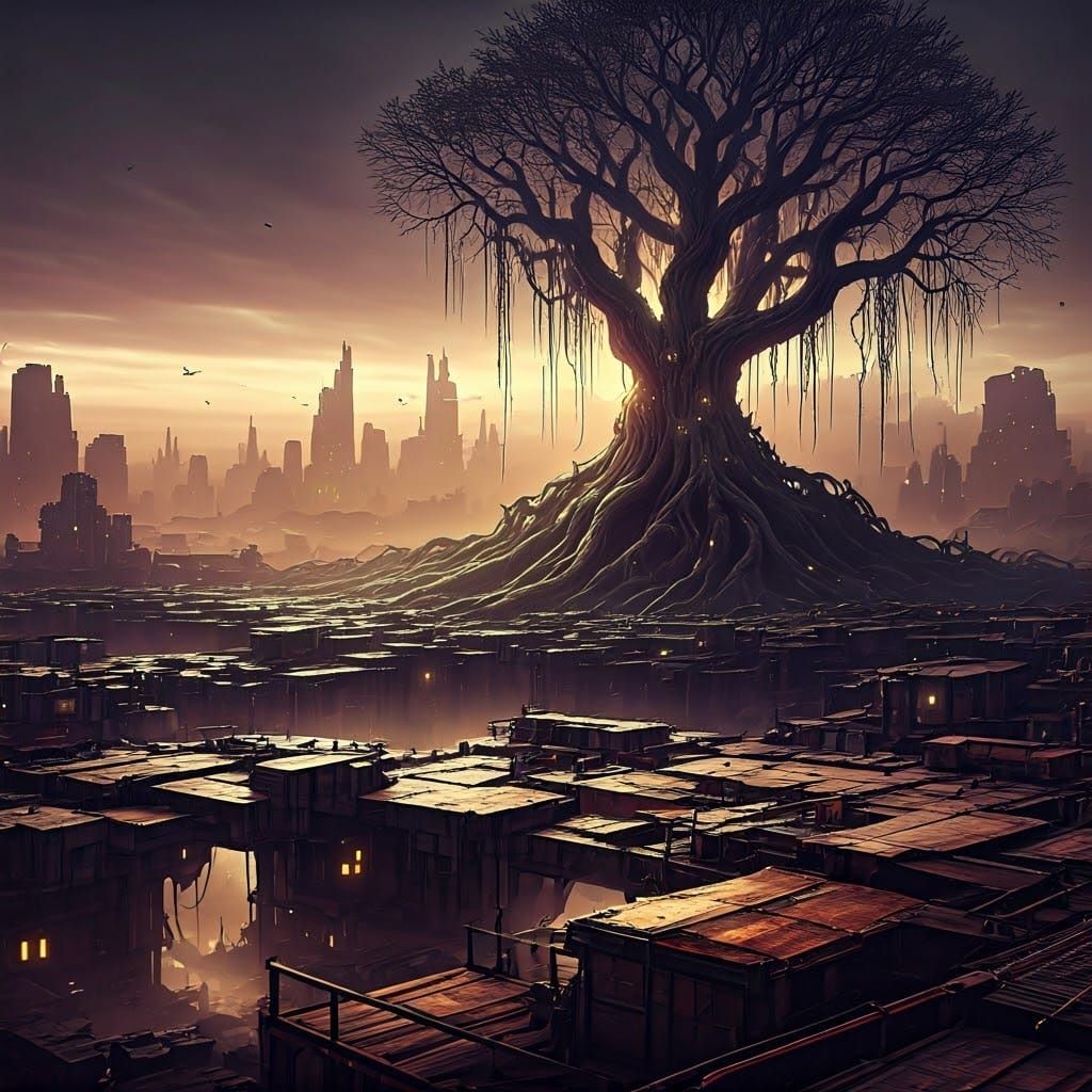 Dystopian Metropolis Under Dark Fantasy Skies