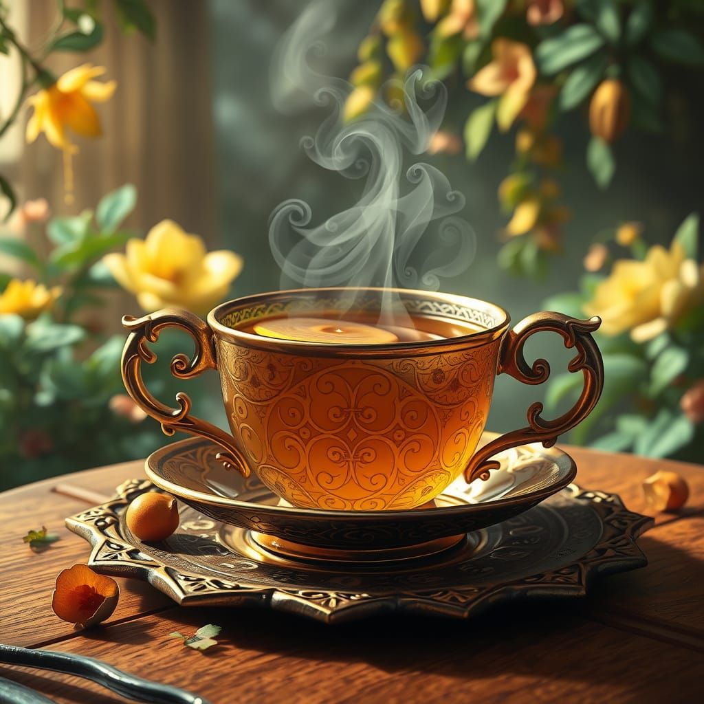 Mystical Tea Setting in Whimsical Fantasy Realm