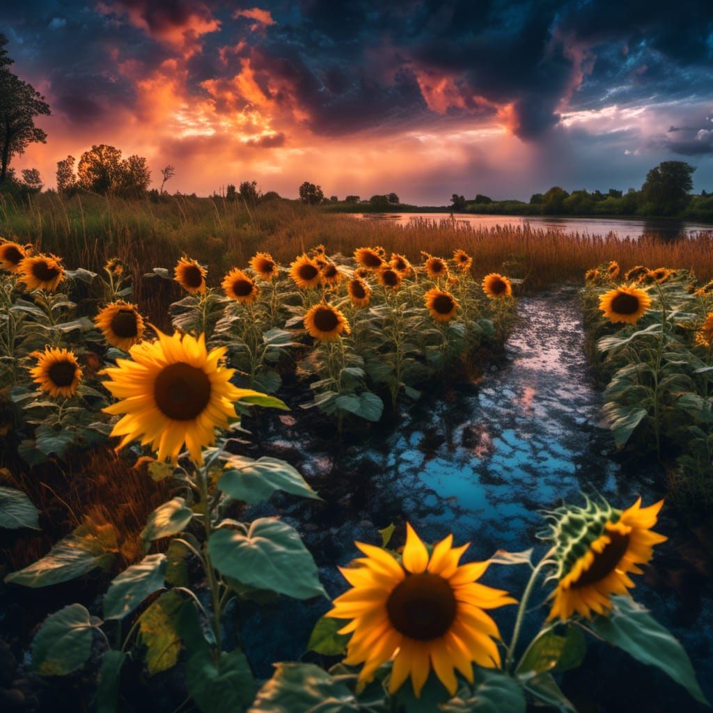 Giant Sunflower Under Galaxy Sky with Rain