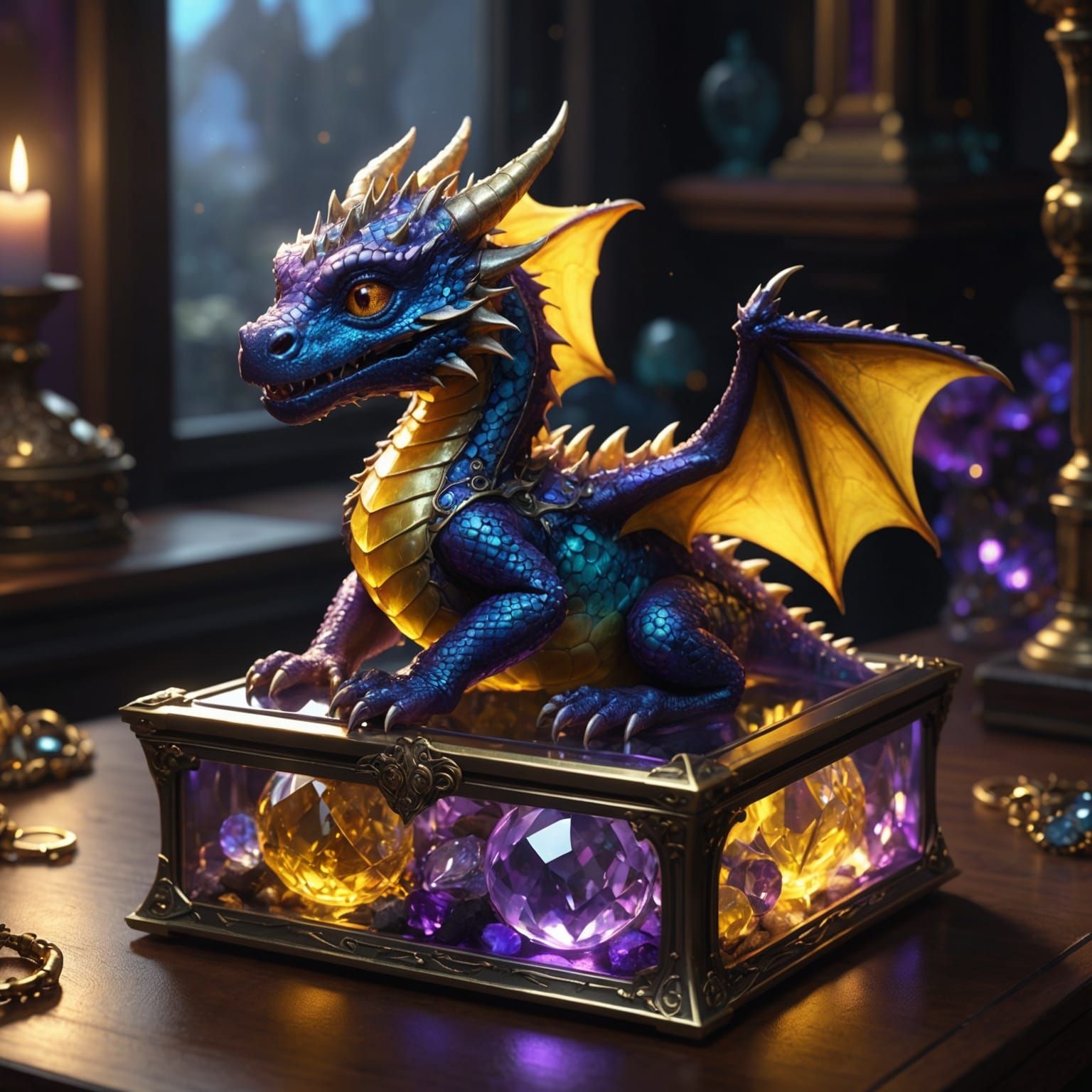 Baby Dragon in Jeweled Box: Dark Fantasy Art