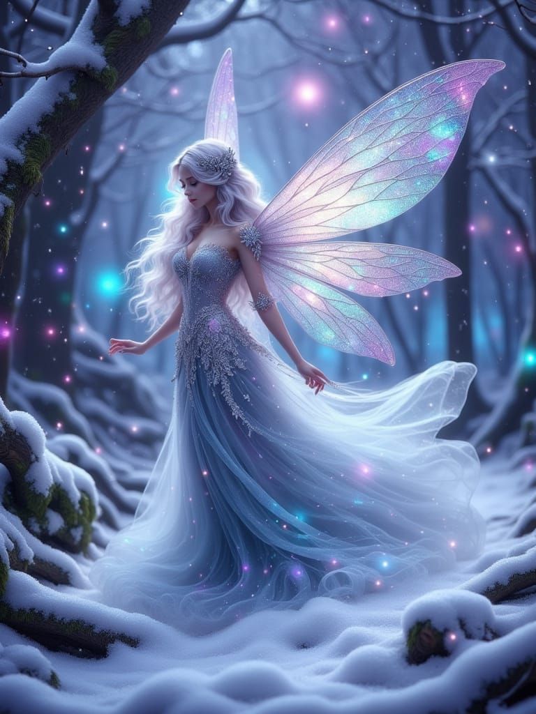 Winter Fairy with Celestial Hair and Dragonfly Wings Under A...