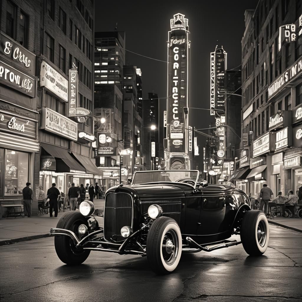 1932 Ford Roadster on Neon City Street