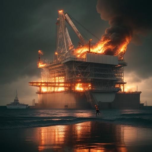 Burning Oil Rig: A Hyperrealistic Disaster Scene