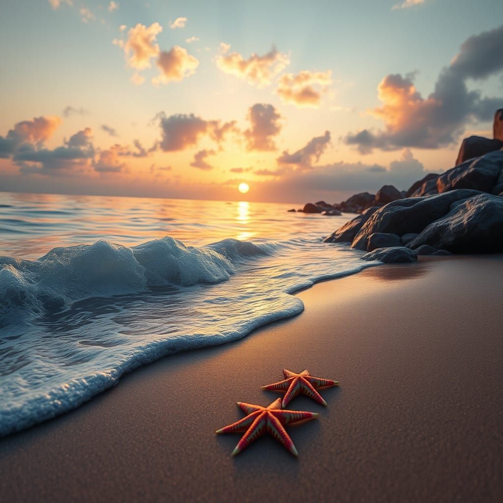 Serene Seascape at Dusk with Vibrant Starfish and Soft Cloud...