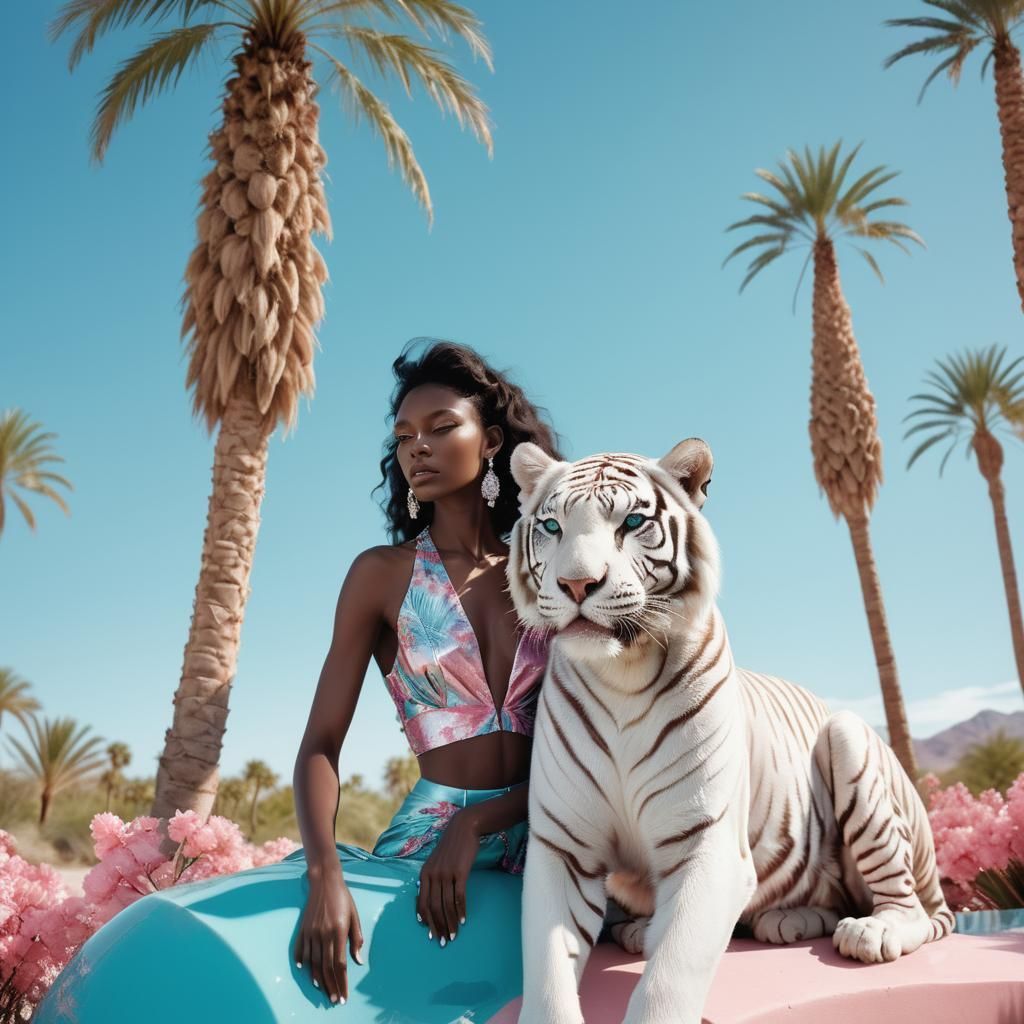 Vogue-Inspired Oasis Fashion Editorial with White Tiger