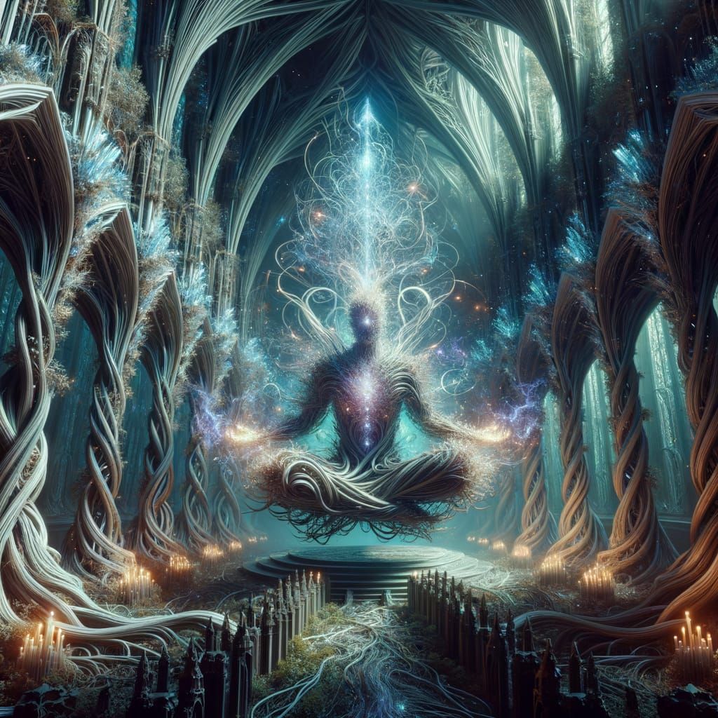 Gothic Cathedral of Roots and Crystals in Magical Forest