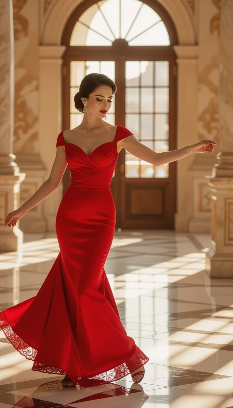 Spanish Woman in Red Dress Dancing, Cinematic Style