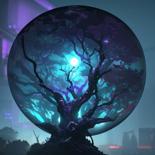 Cyberpunk Tree in Glass Cupola: 3D Anime Art