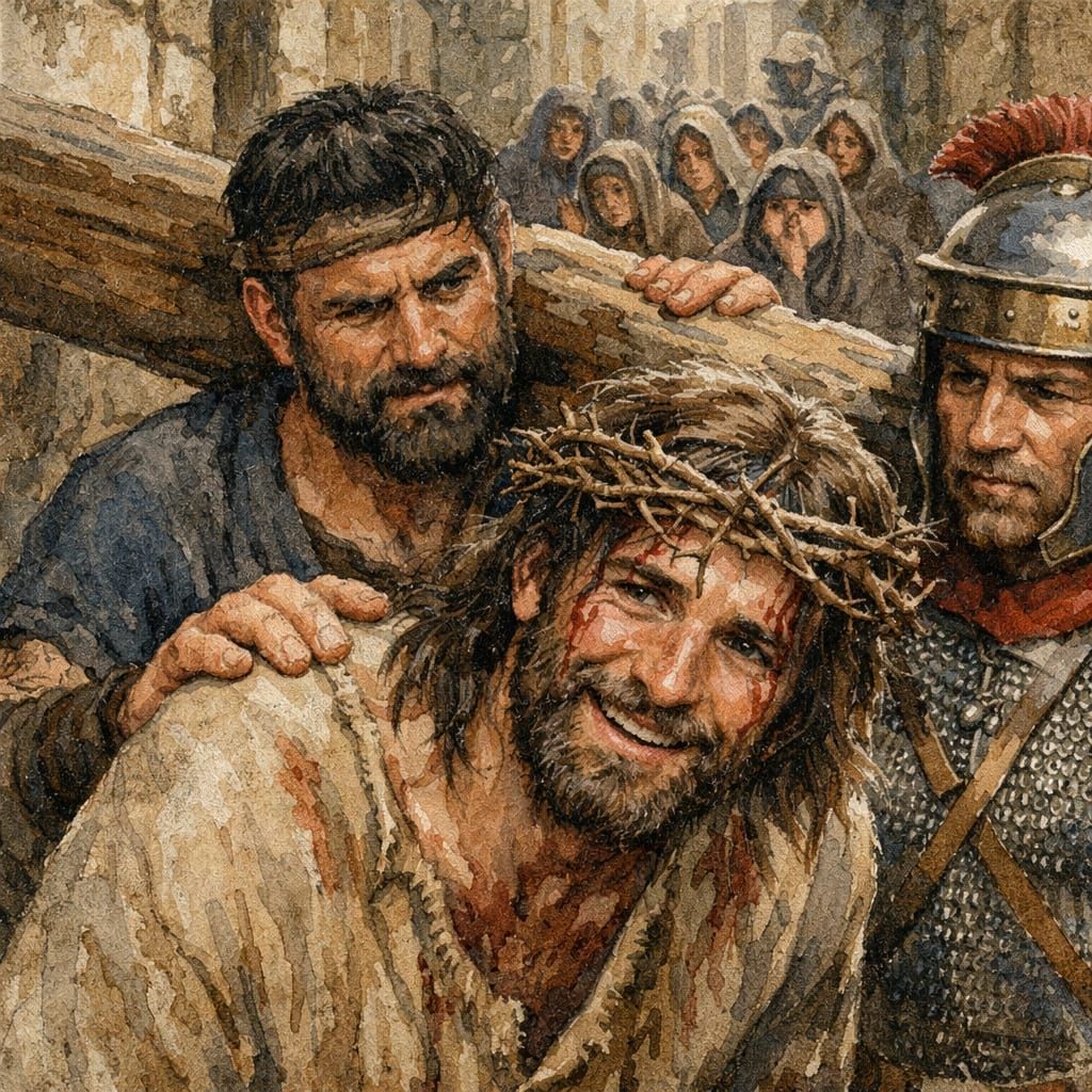 Jesus Christ and Simon of Cyrene on Via Dolorosa Watercolor