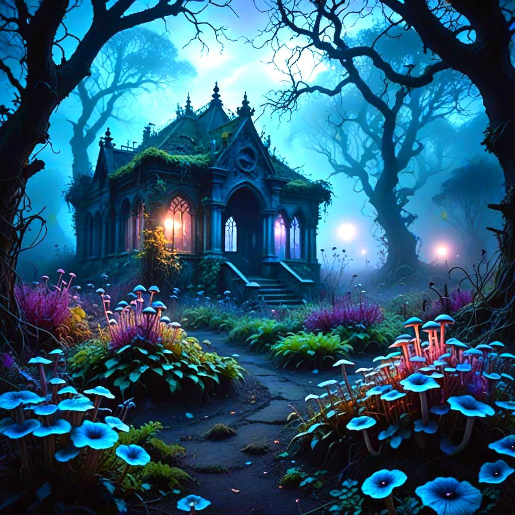 Dark Gothic Victorian Garden with Bioluminescent Haze