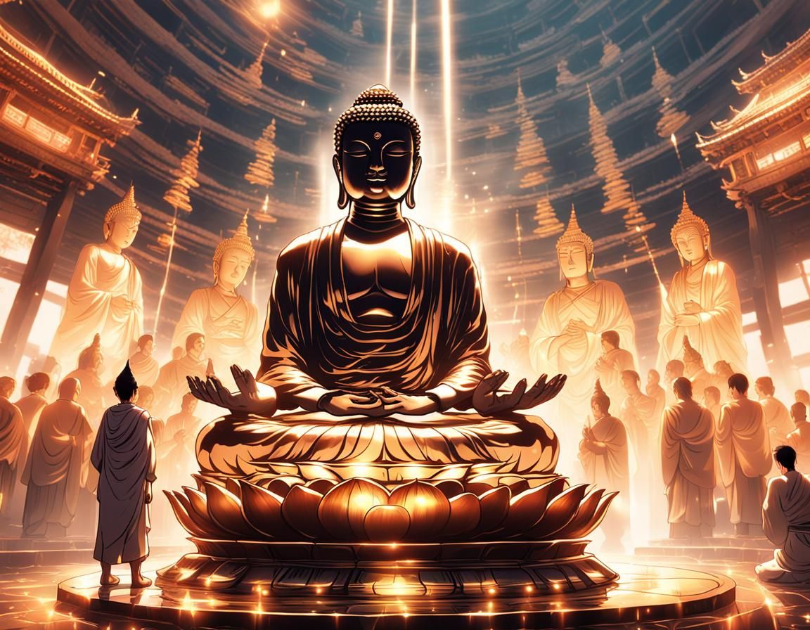 Man Worshiping Buddha in Anime Style