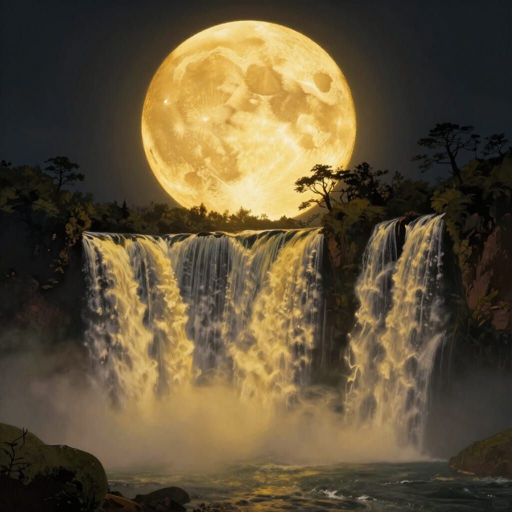 Golden Moon Waterfall Digital Painting