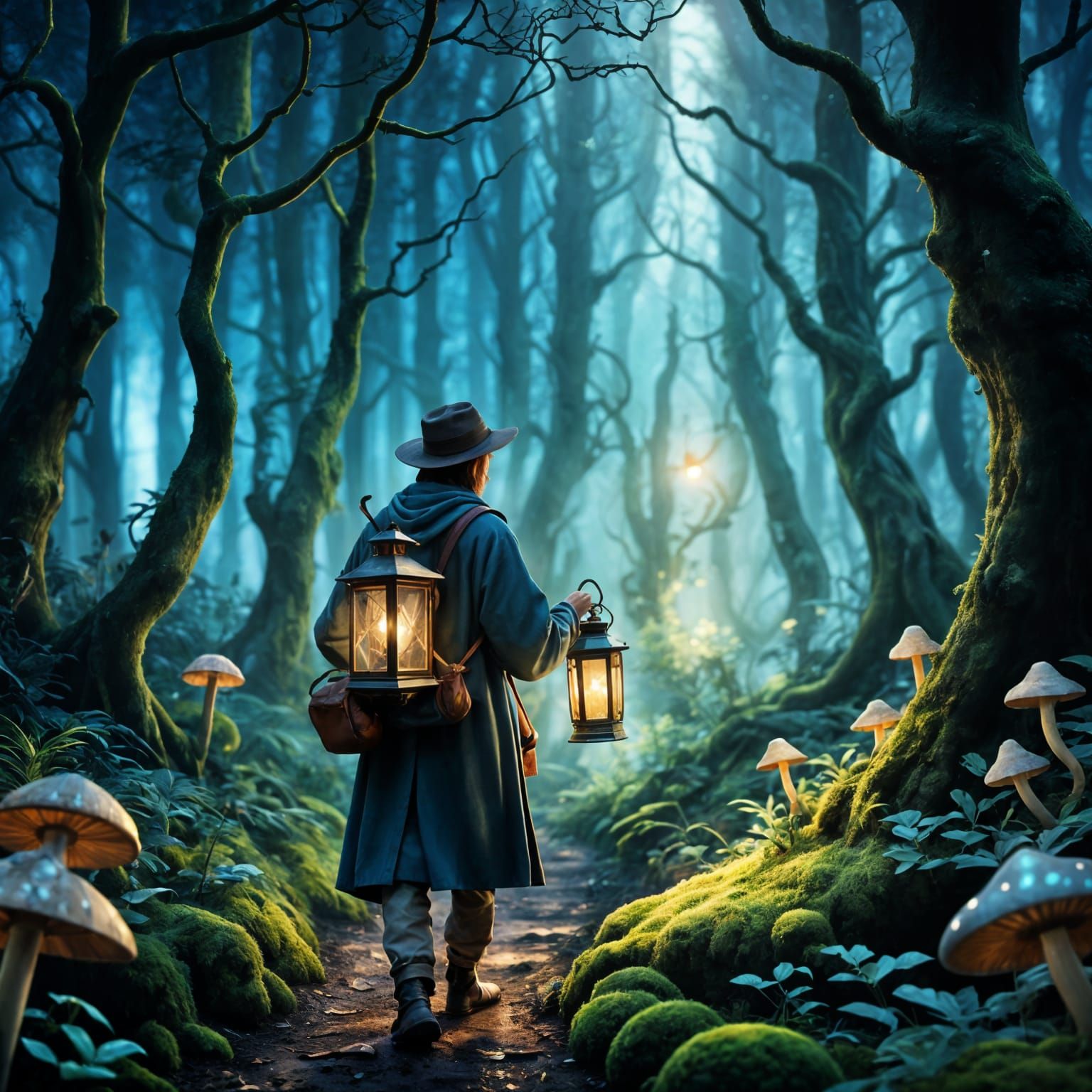 Enchanted Forest Traveler with Bioluminescent Lantern