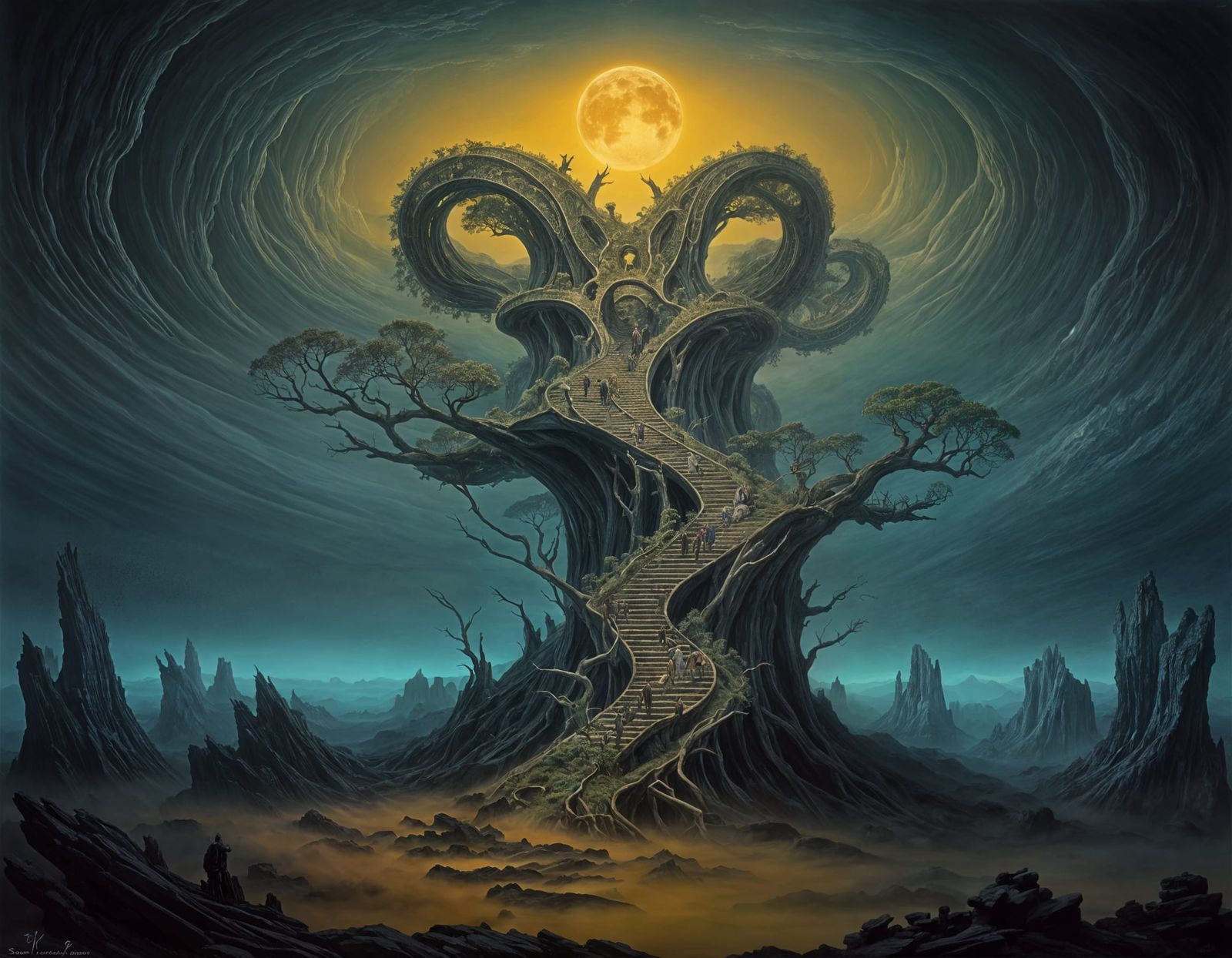 Surreal Landscape Inspired by Escher, Beksinski and Giger