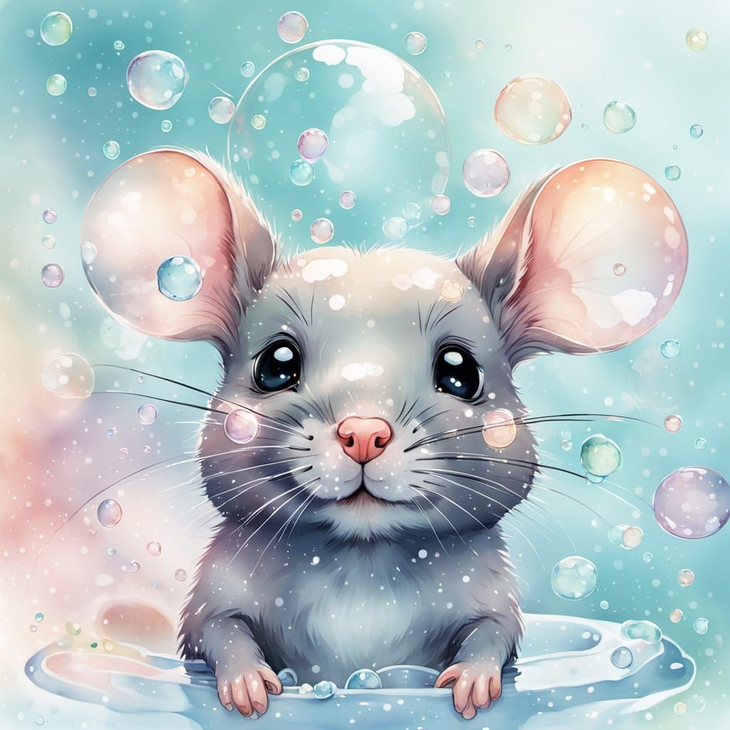 Mouse in Soap Bubbles: Whimsical Watercolor Illustration